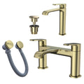 Lunaris Brushed Brass Bath & Basin Tap Set with Wastes, Modern Bath Filler & Tall Mono Mixer