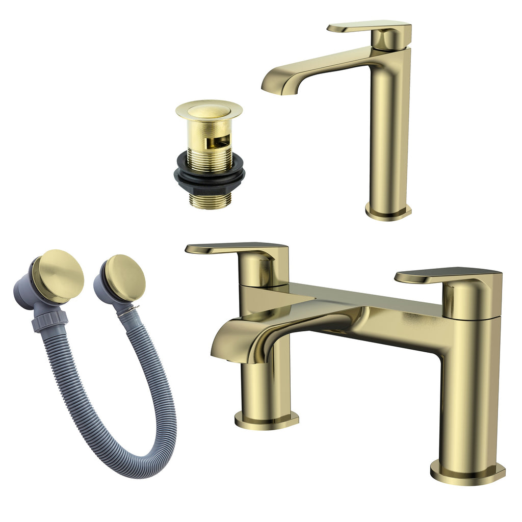 Lunaris Brushed Brass Bath Filler & Tall Basin Mixer Tap Set with Matching Bath & Slotted Basin Wastes - Contemporary