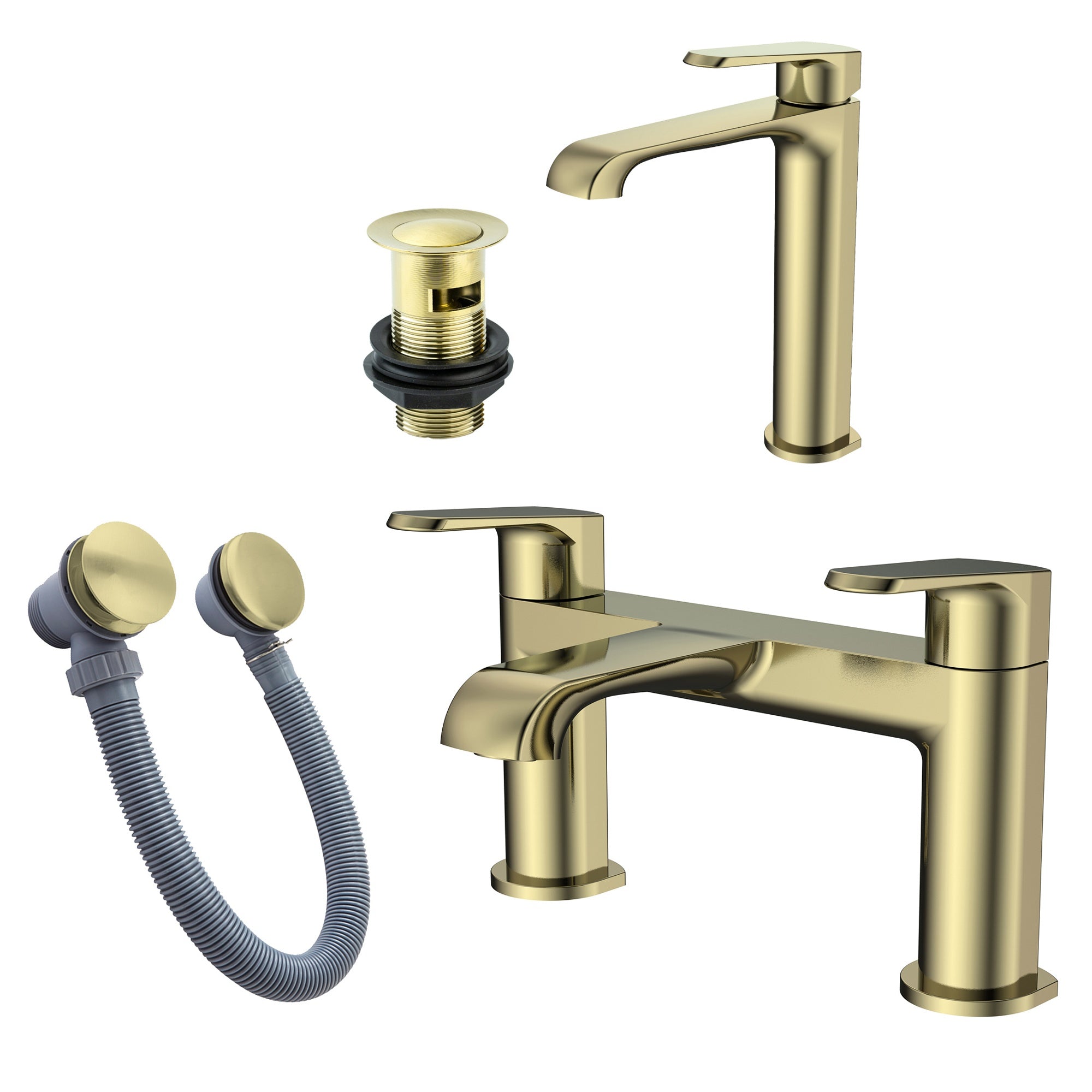 Lunaris Brushed Brass Bath Filler & Tall Basin Mixer Tap Set with Matching Bath & Slotted Basin Wastes - Contemporary