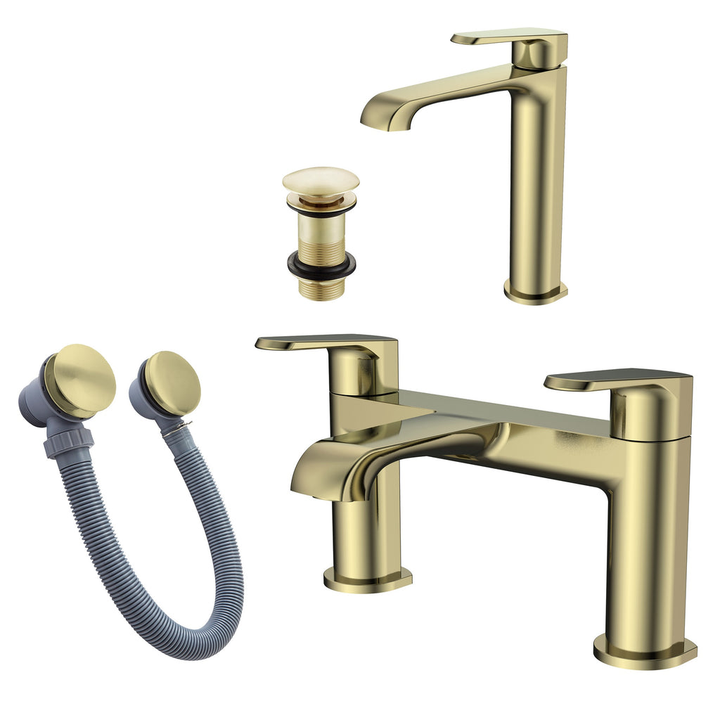 Lunaris Brushed Brass Bath Filler & Tall Mono Basin Mixer Taps with Bath & Unslotted Basin Wastes