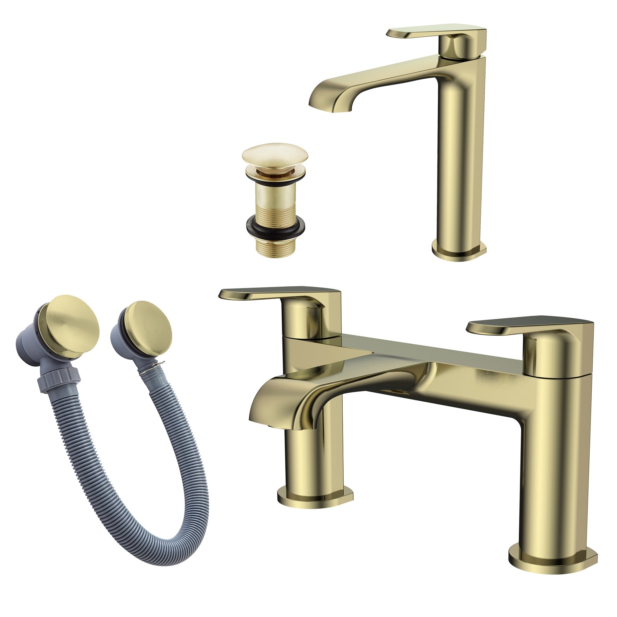 Lunaris Brushed Brass Bath Filler & Tall Mono Basin Mixer Taps with Bath & Unslotted Basin Wastes