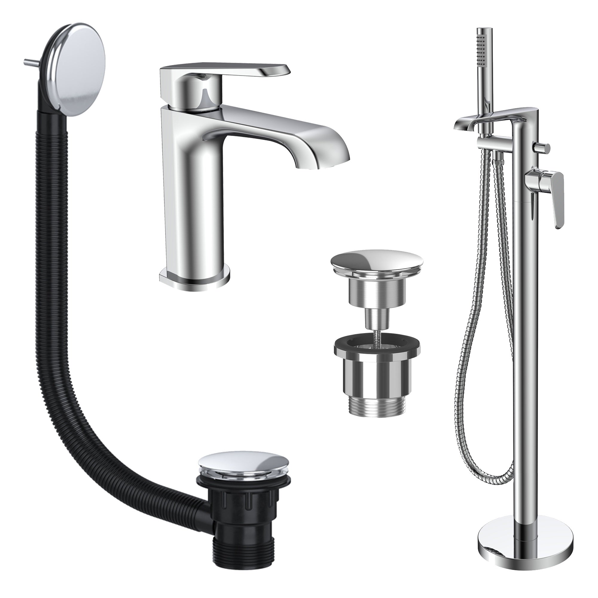 Lunaris Chrome Freestanding Bath Shower Mixer & Mono Basin Tap Set with Wastes