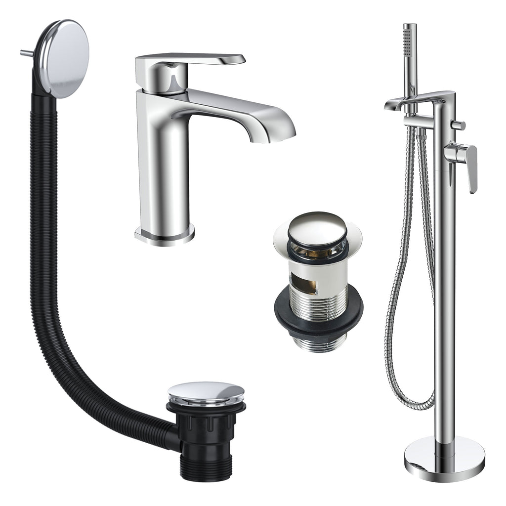 Lunaris Chrome Freestanding Bath Shower Mixer & Deck-Mounted Basin Tap Set with Matching Wastes