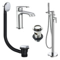 Lunaris Chrome Freestanding Bath Shower Mixer & Deck-Mounted Basin Tap Set with Matching Wastes
