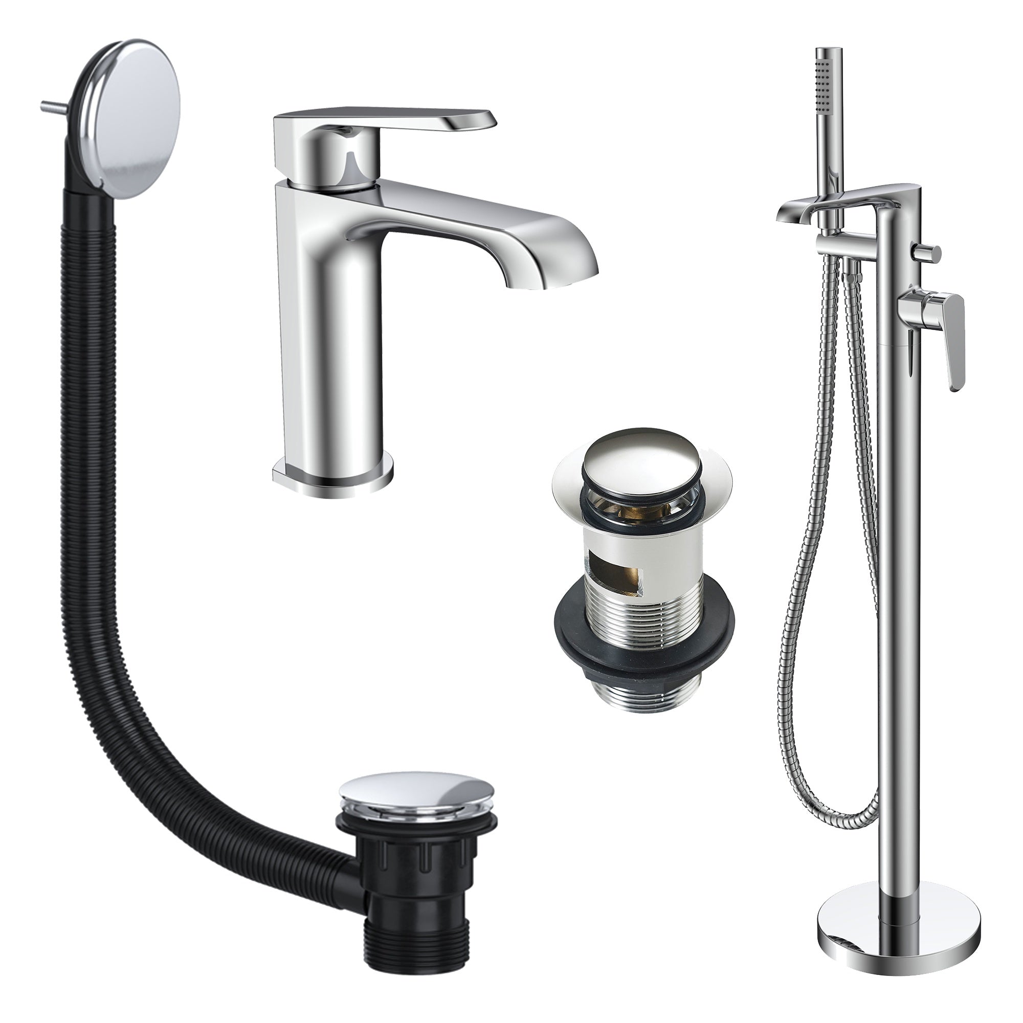 Lunaris Chrome Freestanding Bath Shower Mixer & Deck-Mounted Basin Tap Set with Matching Wastes