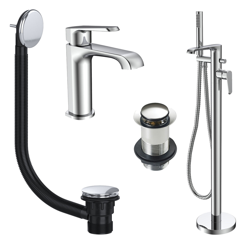 Lunaris Chrome Complete Bathroom Tap Set: Freestanding Bath & Shower Mixer with Mono Basin Tap & Wastes