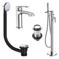 Lunaris Chrome Complete Bathroom Tap Set: Freestanding Bath & Shower Mixer with Mono Basin Tap & Wastes