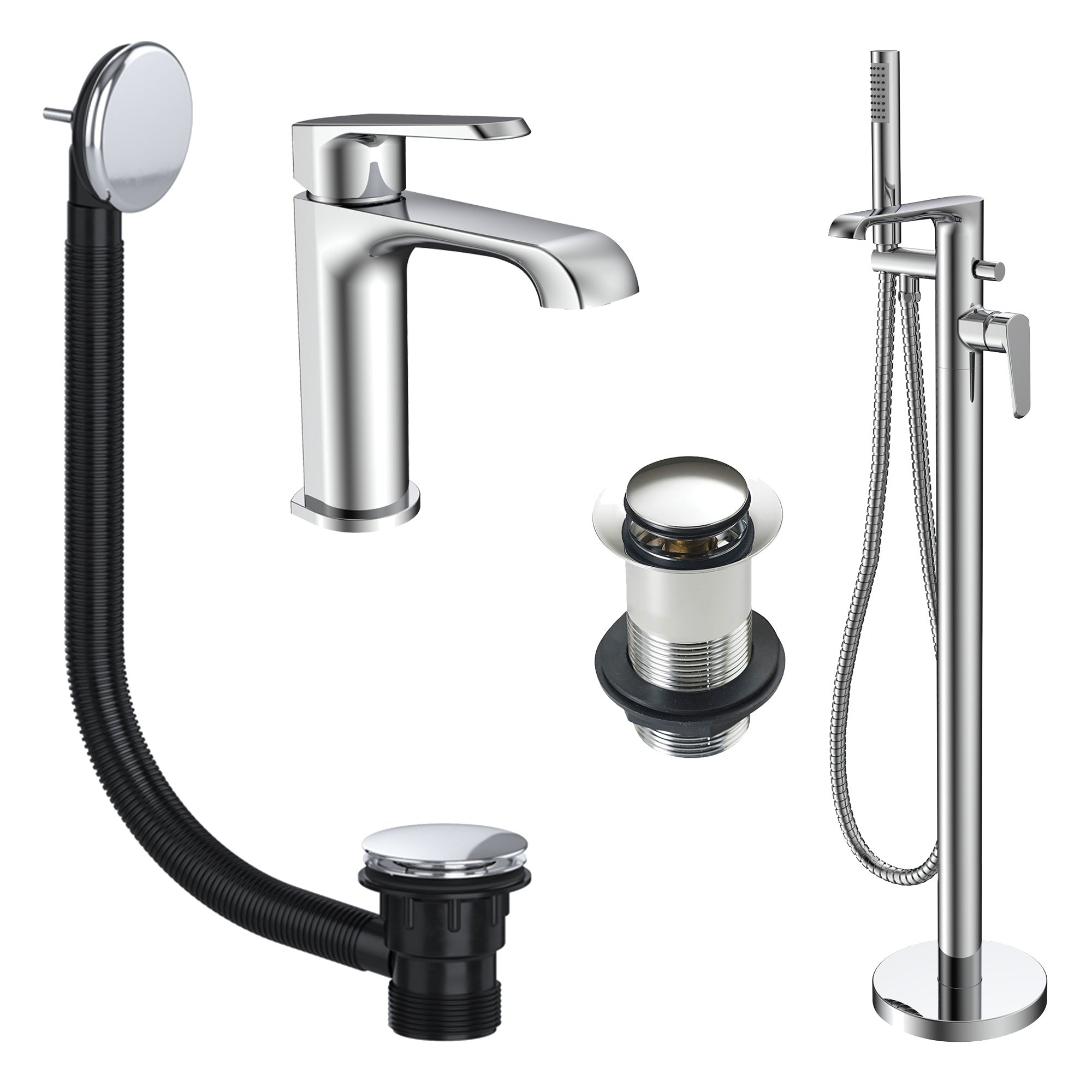 FNX Lunaris Chrome Freestanding Bath Shower Mixer & Mini Basin Tap with Wastes