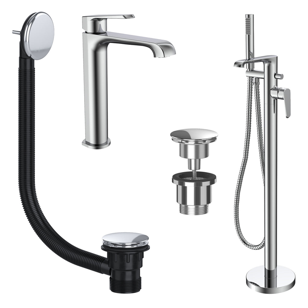FNX Bathrooms Lunaris Chrome Freestanding Bath Shower Mixer & Tall Mono Basin Tap Set with Wastes