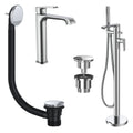 FNX Bathrooms Lunaris Chrome Freestanding Bath Shower Mixer & Tall Mono Basin Tap Set with Wastes