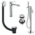 Lunaris Chrome Freestanding Bath Shower Mixer & Tall Basin Tap Set with Matching Wastes for a Coordinated Bathroom Upgrade
