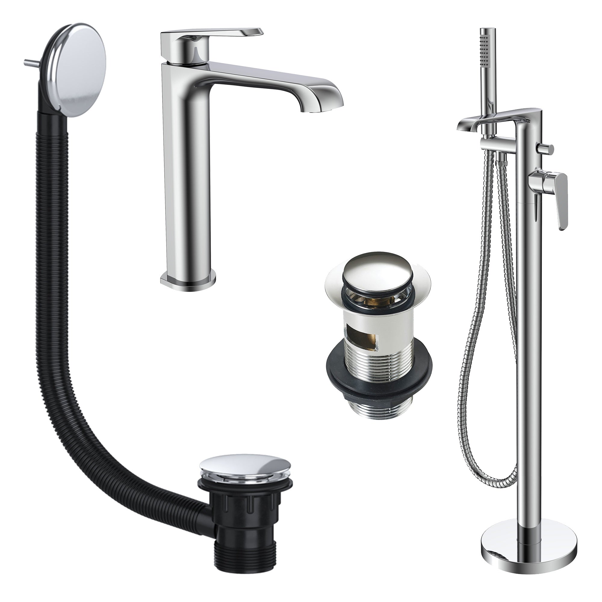 Lunaris Chrome Freestanding Bath Shower Mixer & Tall Basin Tap Set with Matching Wastes for a Coordinated Bathroom Upgrade