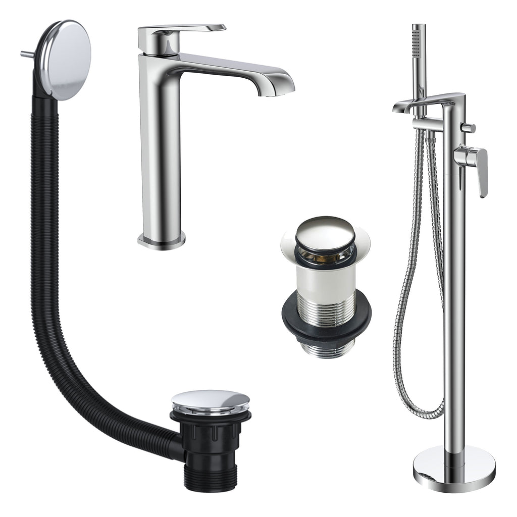 FNX Lunaris Chrome Freestanding Bath Shower Mixer & Tall Basin Tap Set with Matching Wastes
