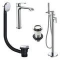 FNX Lunaris Chrome Freestanding Bath Shower Mixer & Tall Basin Tap Set with Matching Wastes