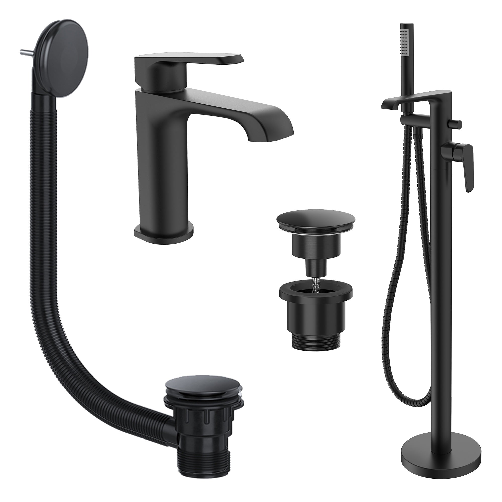 Lunaris Matt Black Modern Freestanding Bath Shower Mixer & Basin Mixer Tap Set with Wastes