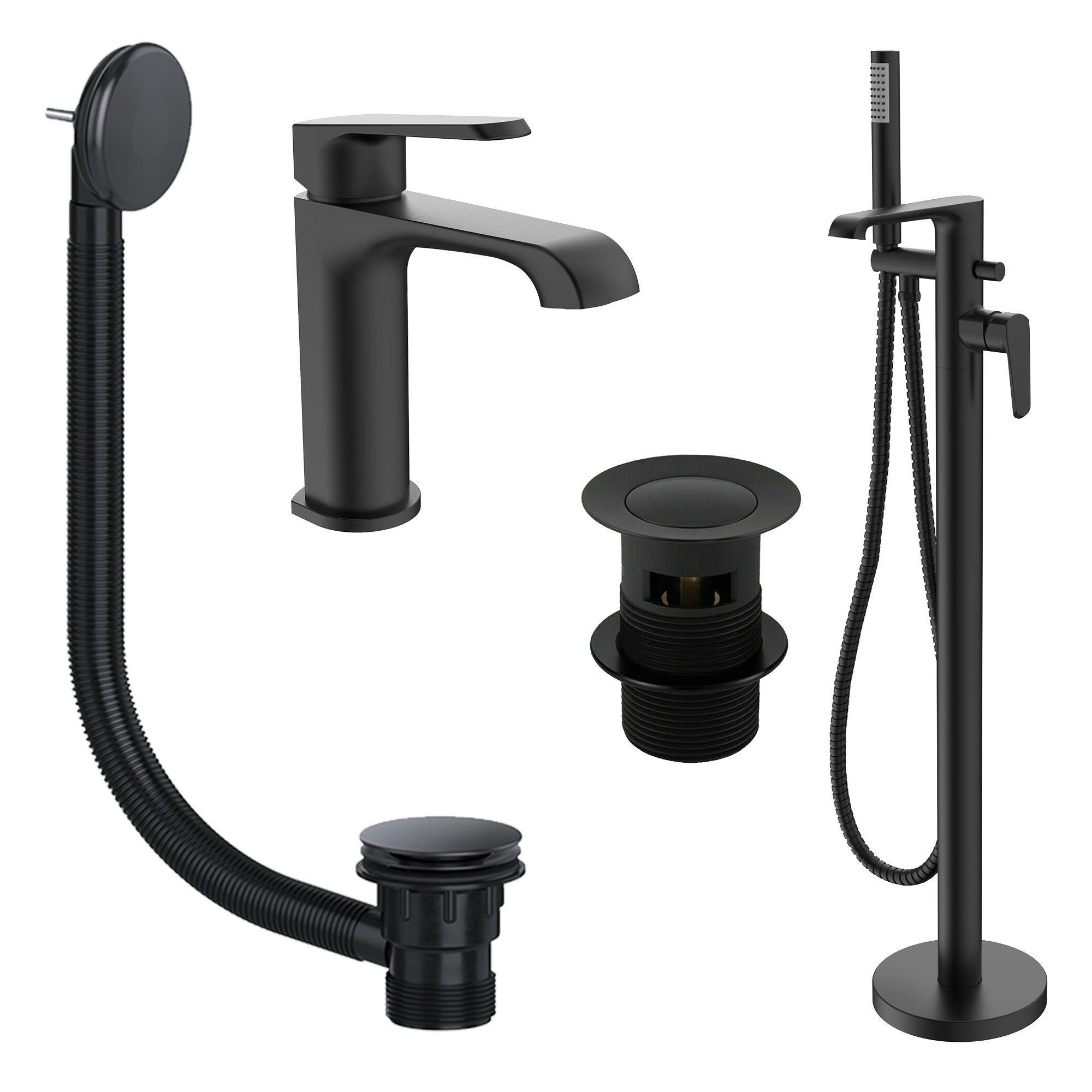 Lunaris Matt Black Freestanding Bath Shower Mixer & Mono Basin Tap Set with Wastes