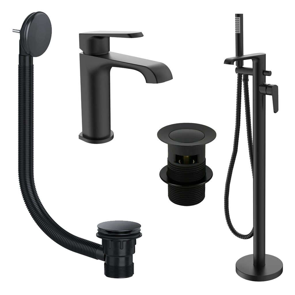 Lunaris Matt Black Freestanding Bath & Mini Basin Tap Set with Wastes