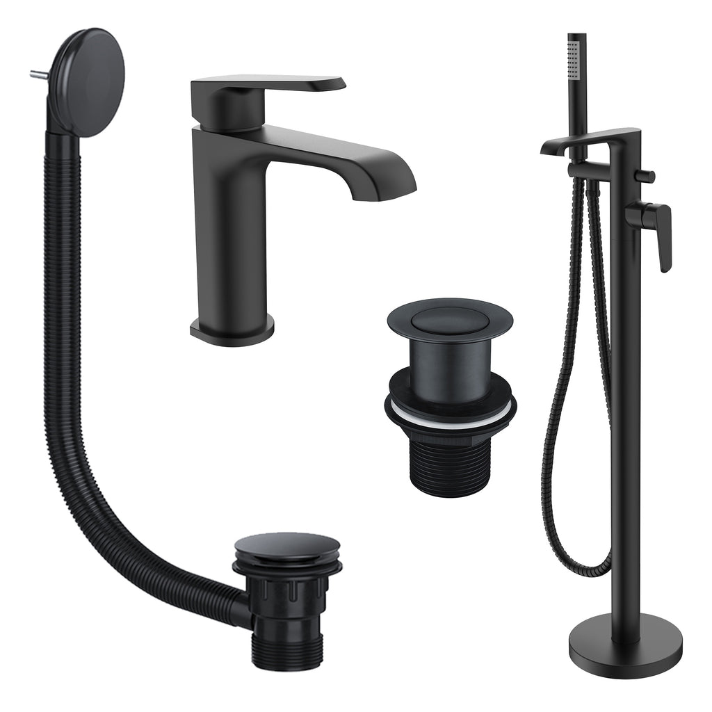 Lunaris Matt Black Freestanding Bath Shower Mixer & Basin Mixer Tap Set with Wastes