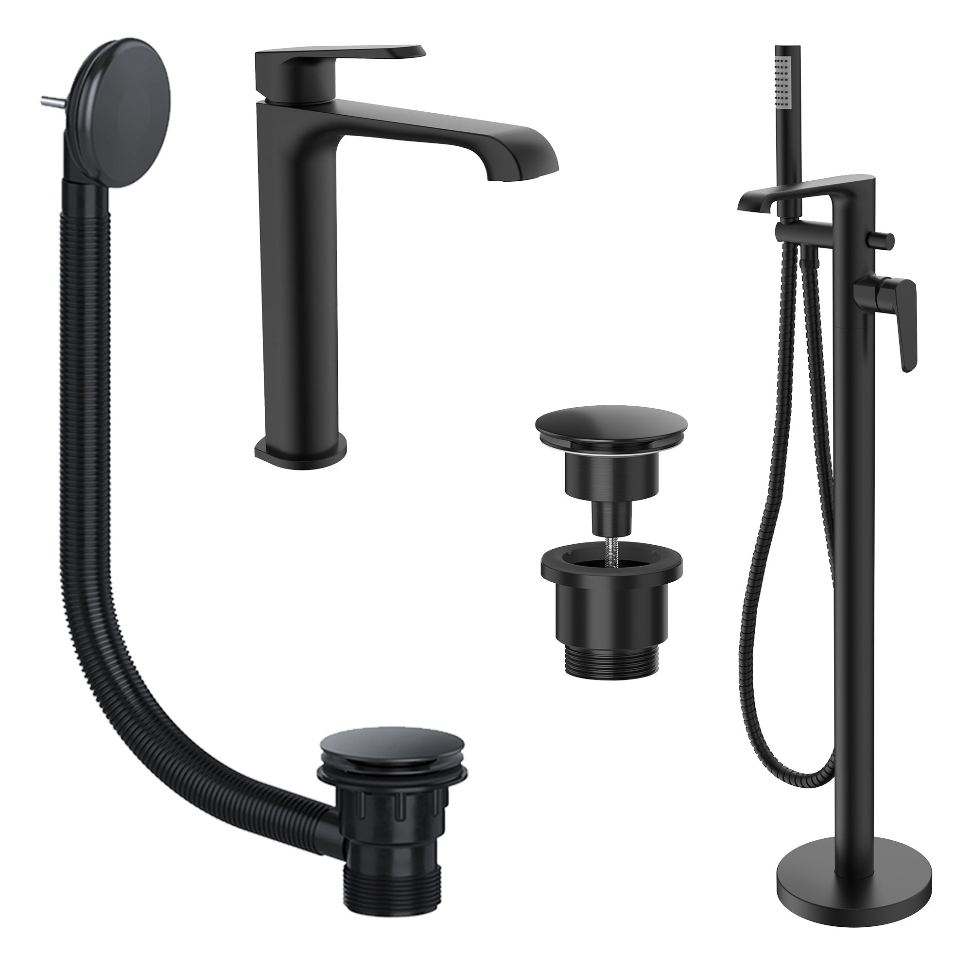 Lunaris Matt Black Freestanding Bath Shower Mixer & Tall Basin Tap Set with Wastes