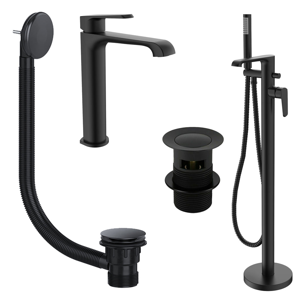 Lunaris Matt Black Freestanding Bath & Tall Basin Mixer Tap Set with Wastes - Modern DIY Bathroom