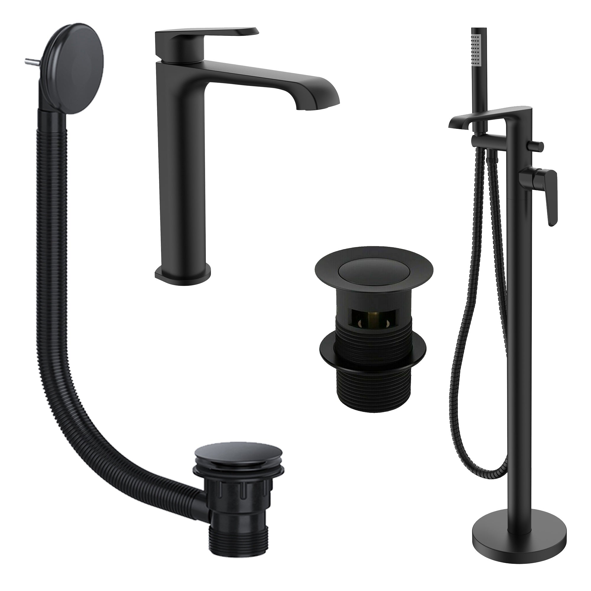 Lunaris Matt Black Freestanding Bath & Tall Basin Mixer Tap Set with Wastes - Modern DIY Bathroom