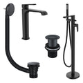 Lunaris Matt Black Bathroom Tap Set: Freestanding Bath Shower Mixer & Tall Basin Mixer with Wastes