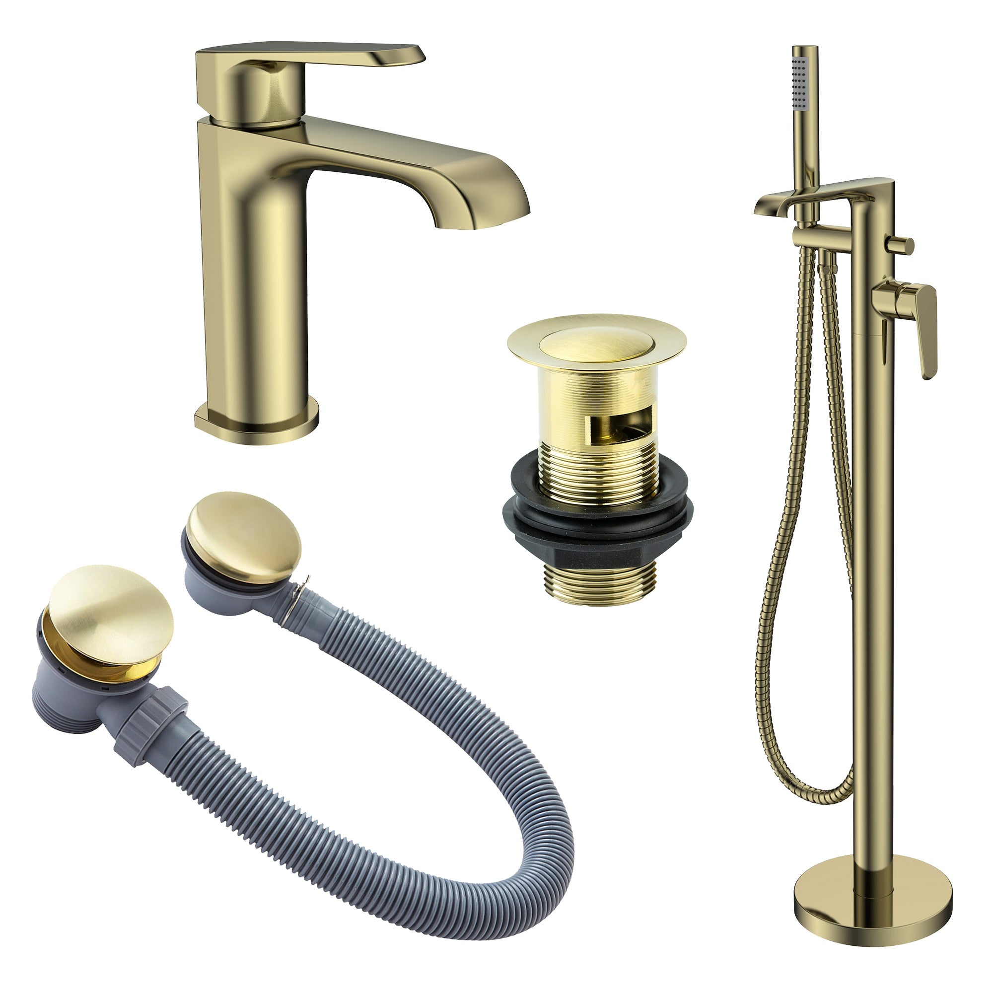 Lunaris Brushed Brass Complete Bathroom Tap Set: Freestanding Bath Mixer, Basin Tap & Wastes