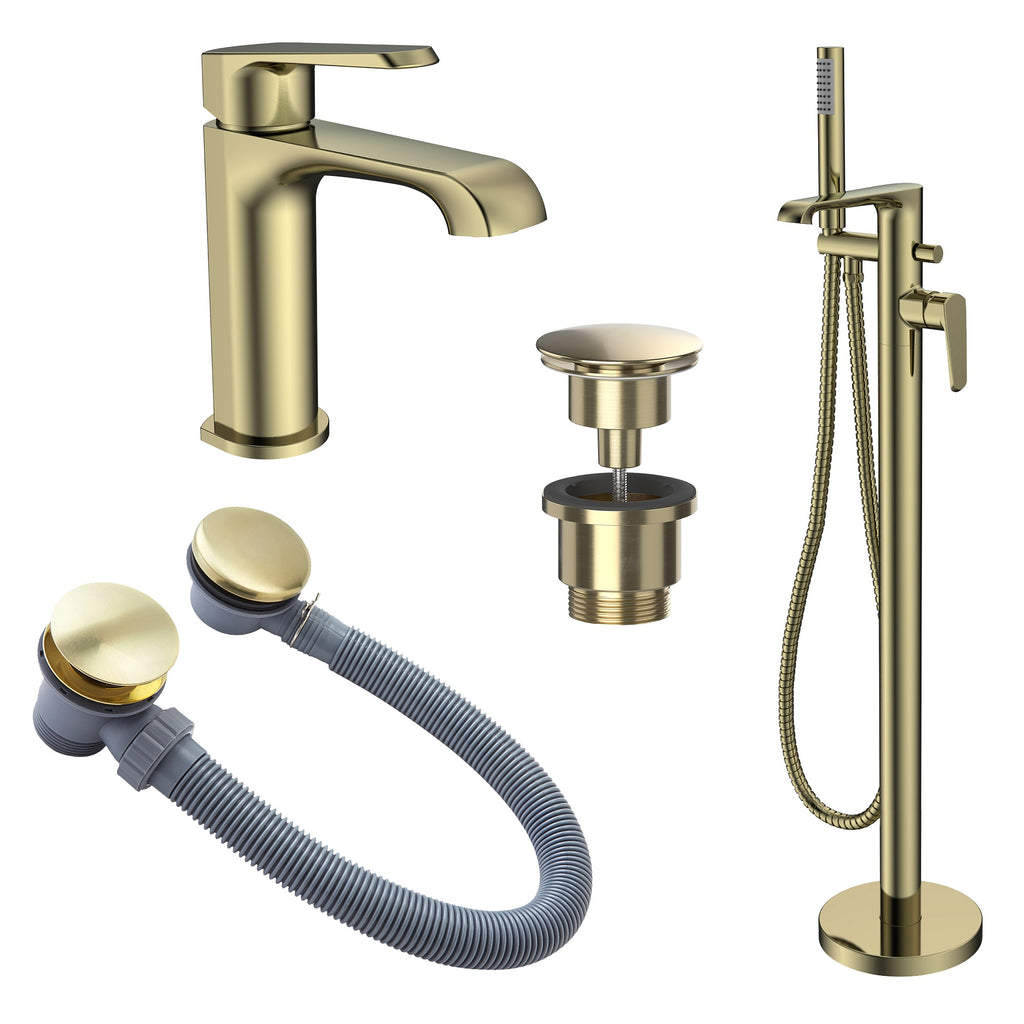 Lunaris Brushed Brass Freestanding Bath Shower Mixer & Mini Mono Basin Tap Set with Matching Wastes