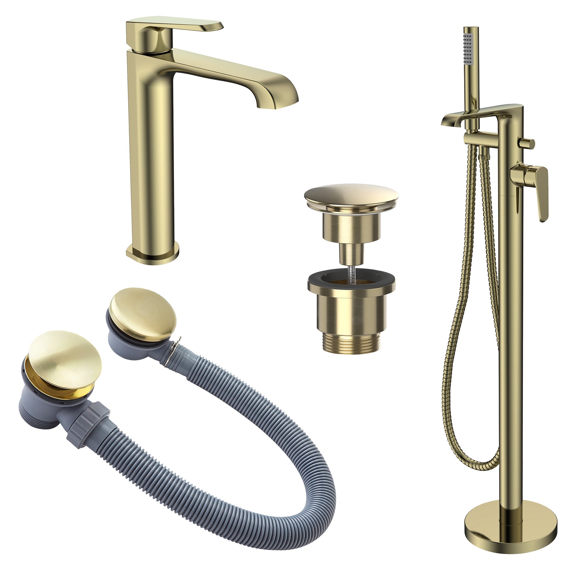 Lunaris Brushed Brass Freestanding Bath & Tall Basin Mixer Tap Set with Matching Wastes