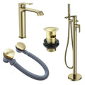 Lunaris Brushed Brass Complete Bathroom Tap Set: Freestanding Bath Shower Mixer, Tall Basin Tap & Matching Wastes