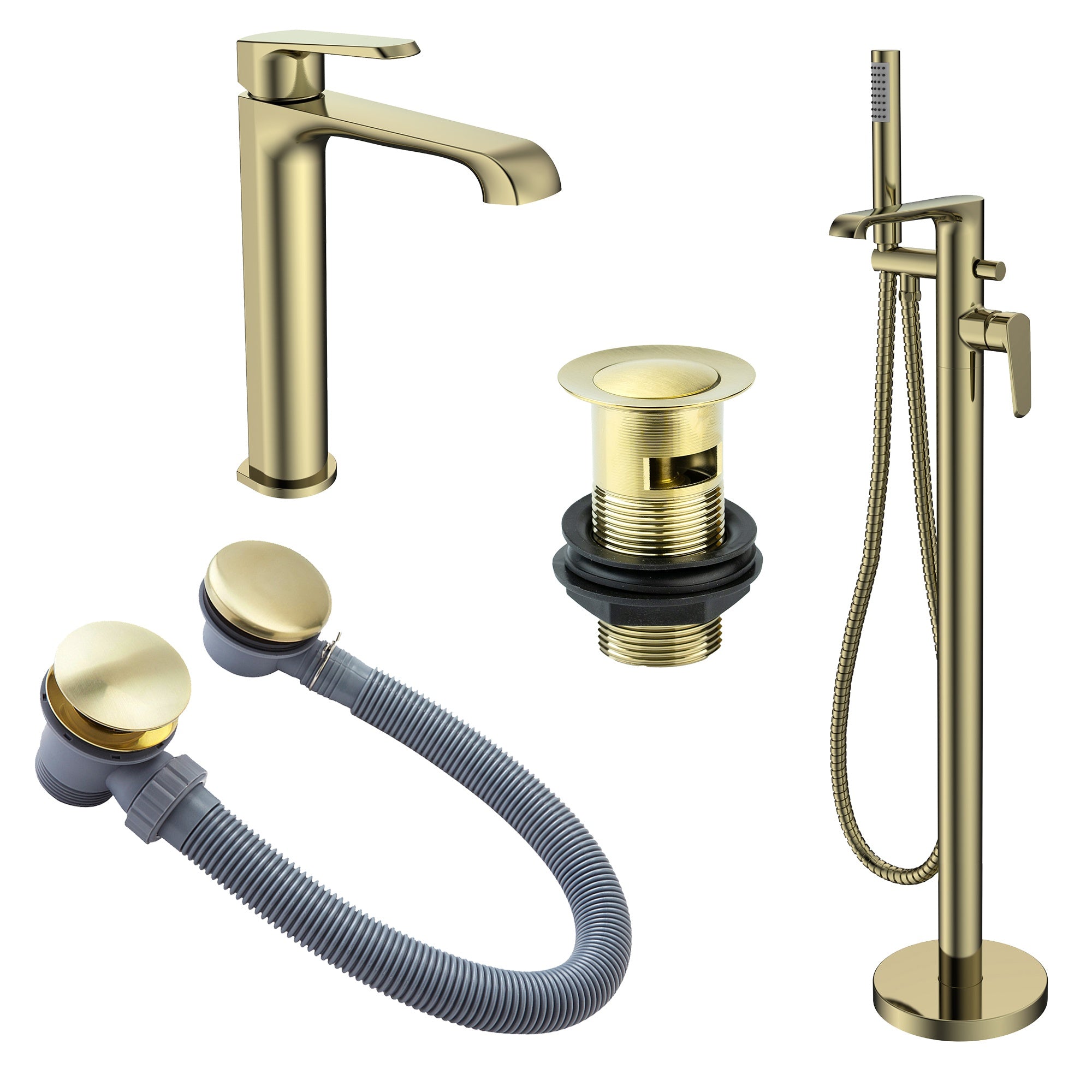 Lunaris Brushed Brass Complete Bathroom Tap Set: Freestanding Bath Shower Mixer, Tall Basin Tap & Matching Wastes