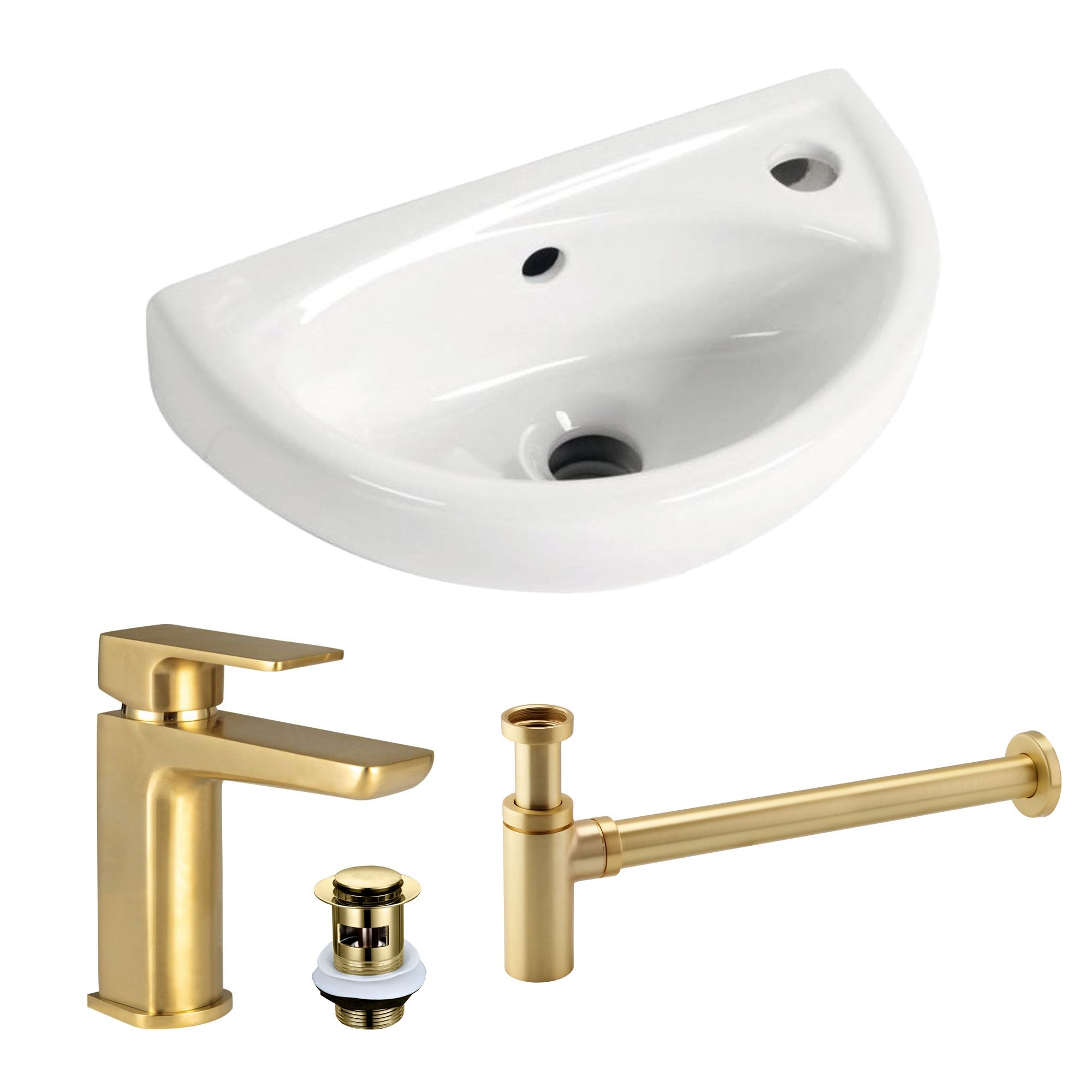 Compact Wall Hung Basin Sink with Brushed Brass Mono Mixer Tap, Slotted Waste & Bottle Trap Set - Ideal for Cloakrooms