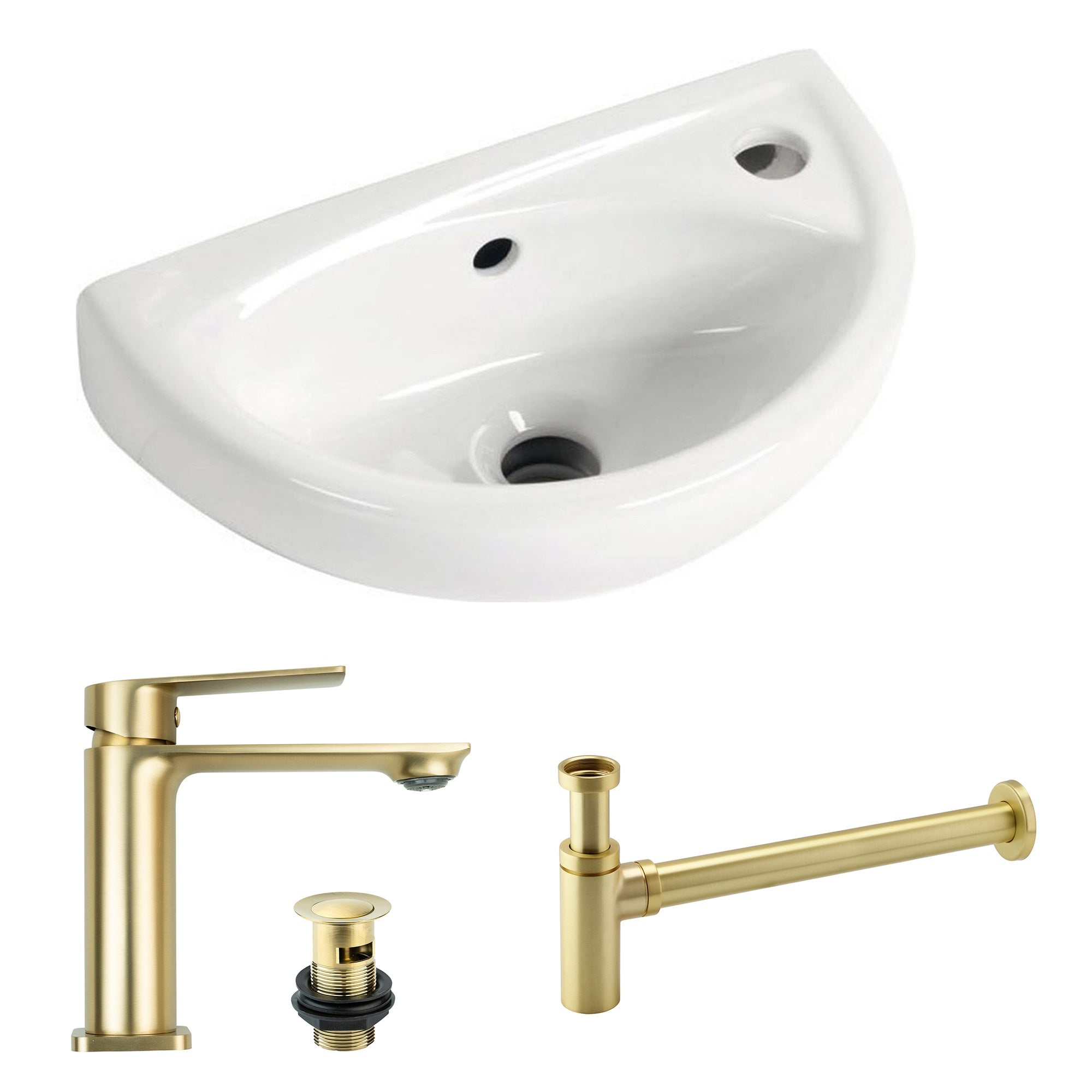 Modern Wall Hung Cloakroom Basin & Brushed Brass Tap Set with Slotted Waste & Bottle Trap