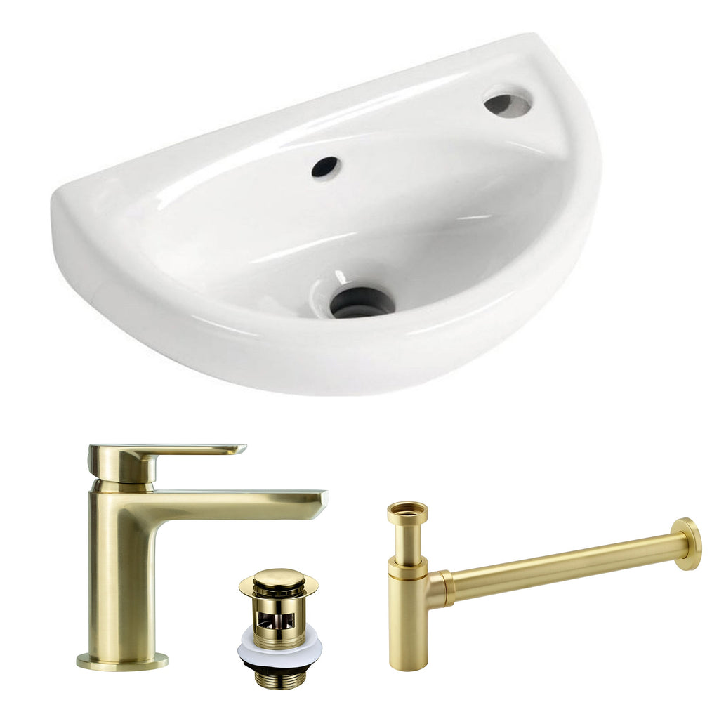 Space-Saving Wall Hung Basin & Brushed Brass Tap Set with Slotted Waste & Bottle Trap - White Ceramic for Cloakrooms