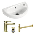 Space-Saving Wall Hung Basin & Brushed Brass Tap Set with Slotted Waste & Bottle Trap - White Ceramic for Cloakrooms