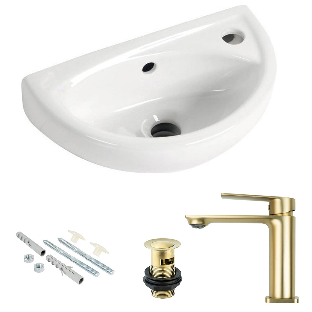 Space-Saving Wall-Hung Cloakroom Basin & Brushed Brass Blade Mixer Tap with Slotted Waste