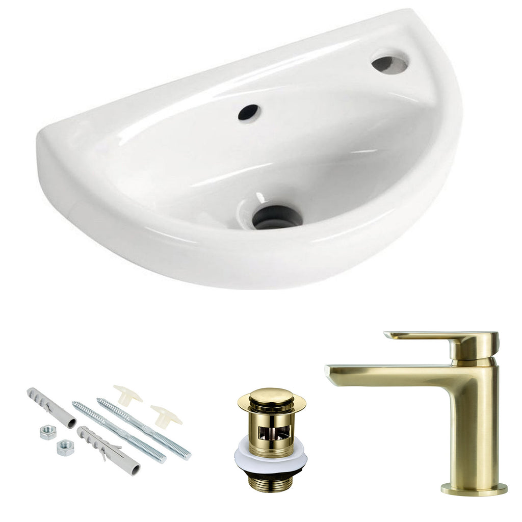 Compact Wall Hung Cloakroom Basin Sink with Brushed Brass Tap & Waste Set