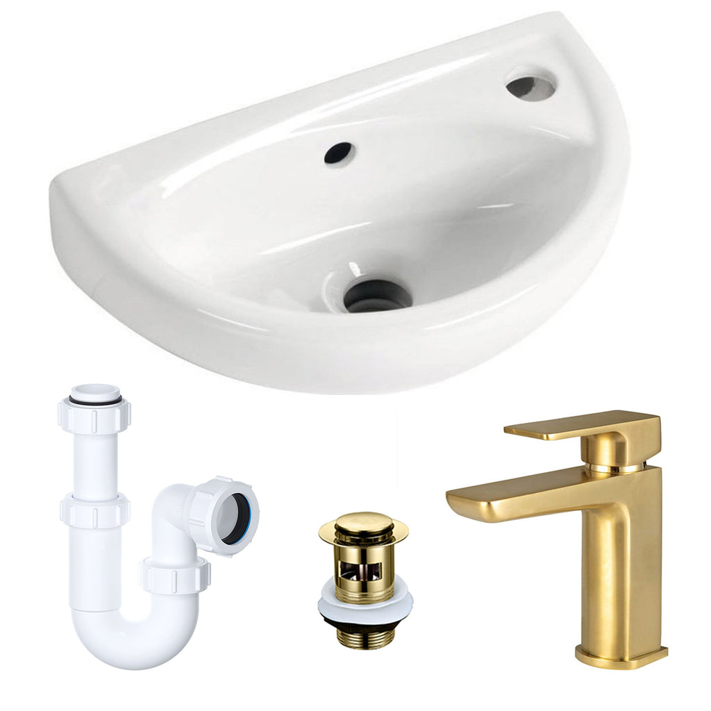 Compact Wall Hung Ceramic Basin & Brushed Brass Tap Set with Waste & P-Trap - Ideal for Cloakrooms
