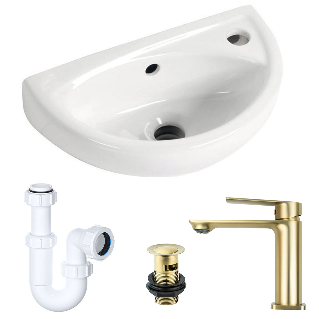 FNX Compact Wall Hung Cloakroom Basin & Modern Brushed Brass Tap Set with Waste & P-Trap