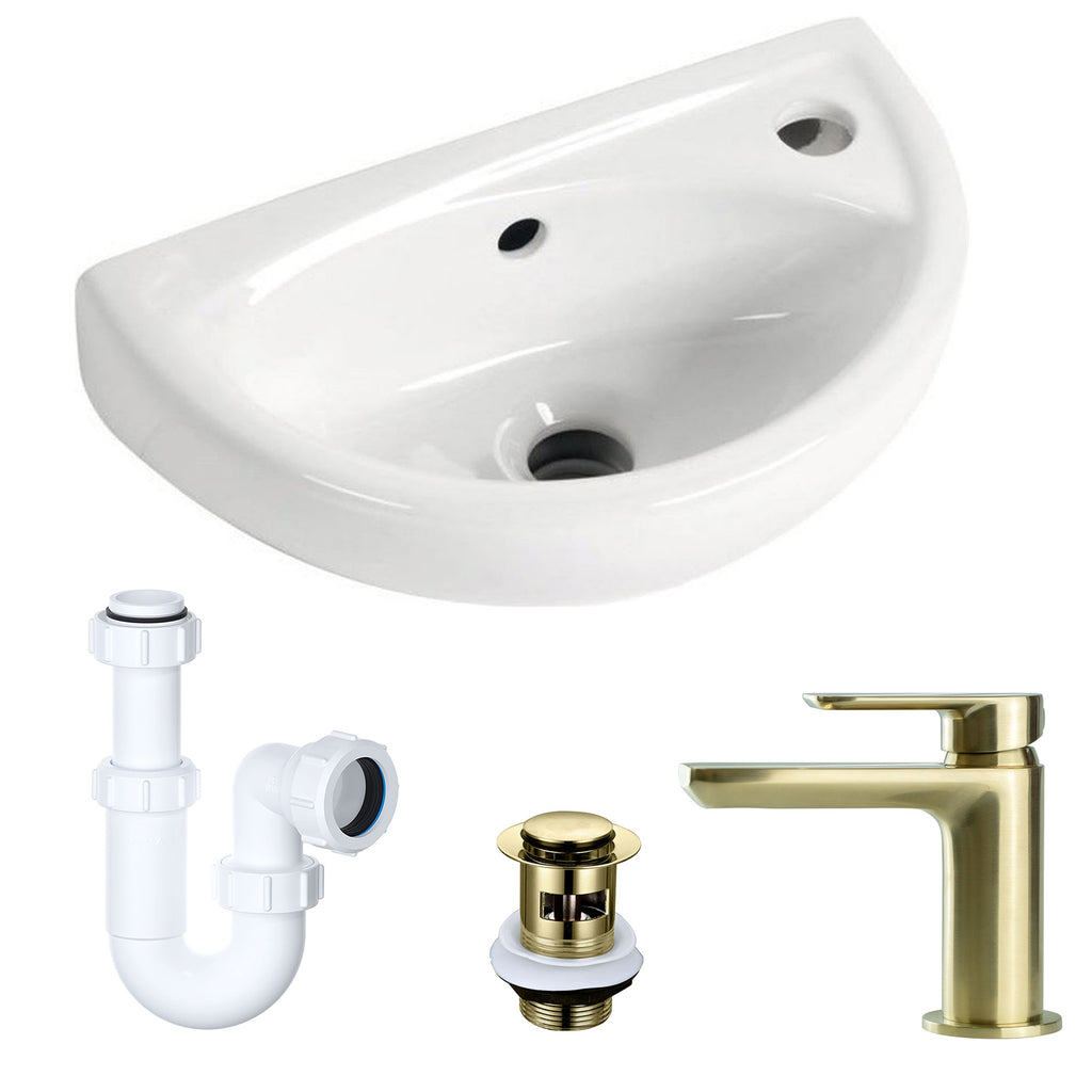 Compact Wall Hung Cloakroom Basin & Modern Brushed Brass Tap Complete Set with Waste & P-Trap