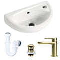 Compact Wall Hung Cloakroom Basin & Modern Brushed Brass Tap Complete Set with Waste & P-Trap