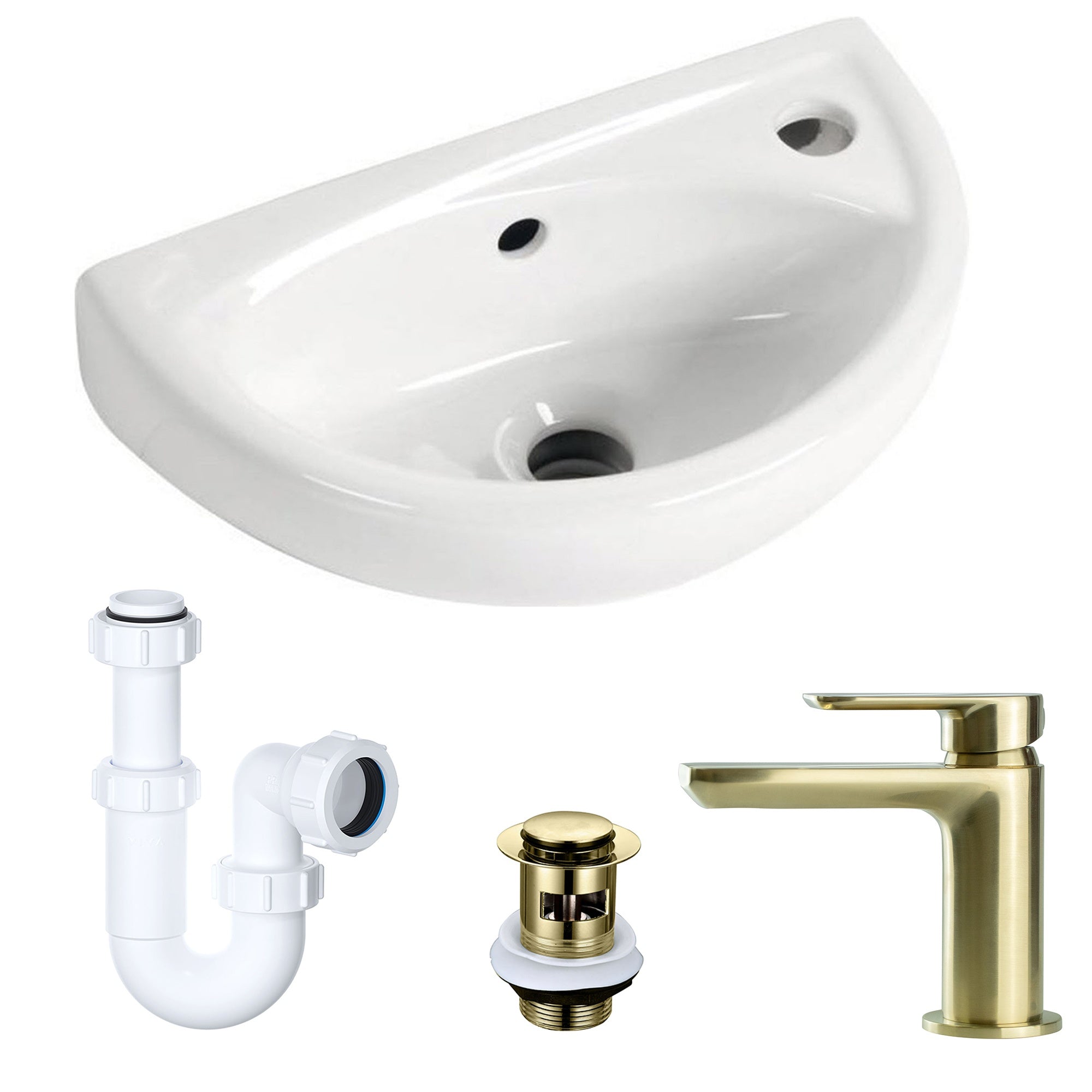 Compact Wall Hung Cloakroom Basin & Modern Brushed Brass Tap Complete Set with Waste & P-Trap