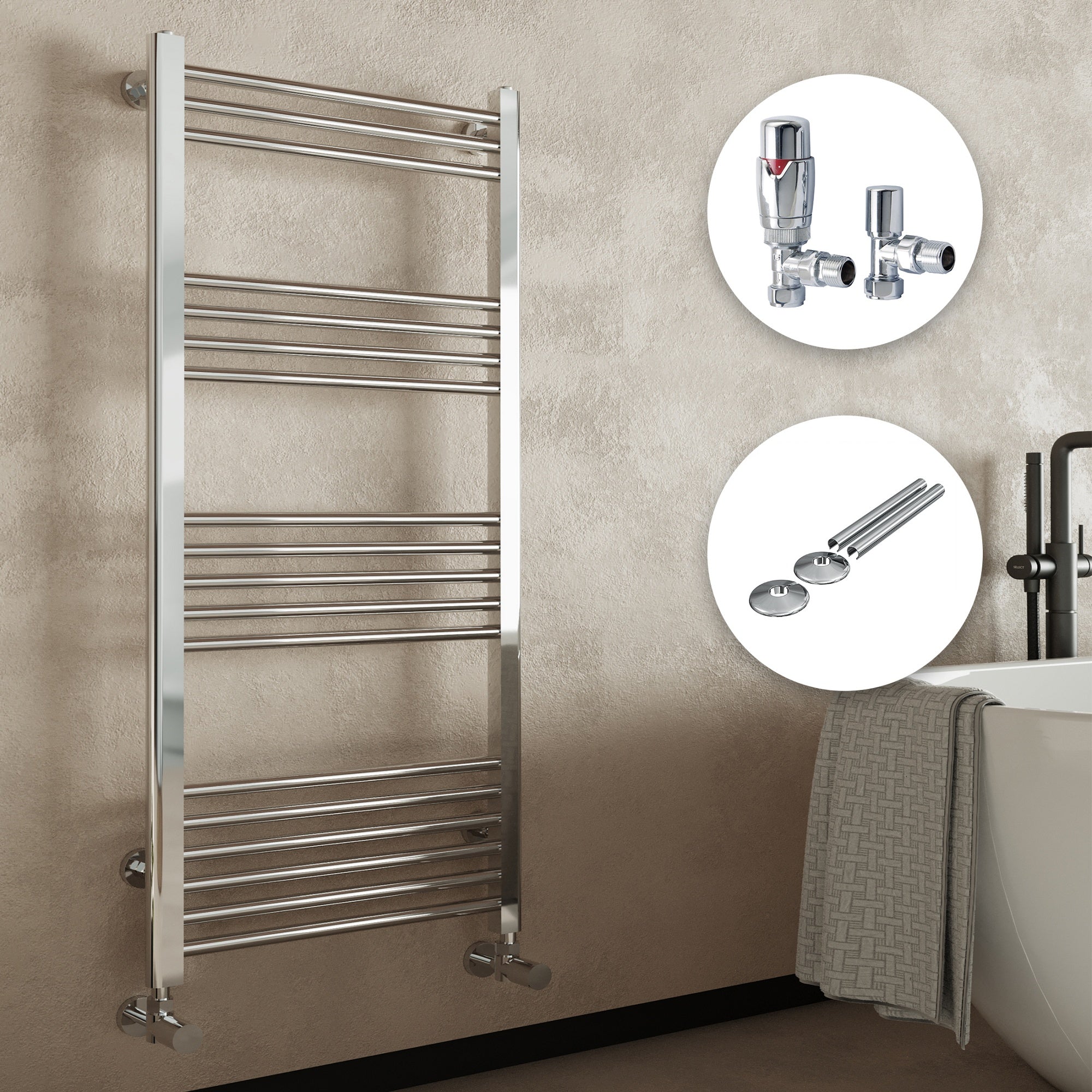 400x800mm Chrome Straight Heated Towel Rail Radiator with Angled TRVs & Pipe Covers for Modern Bathrooms