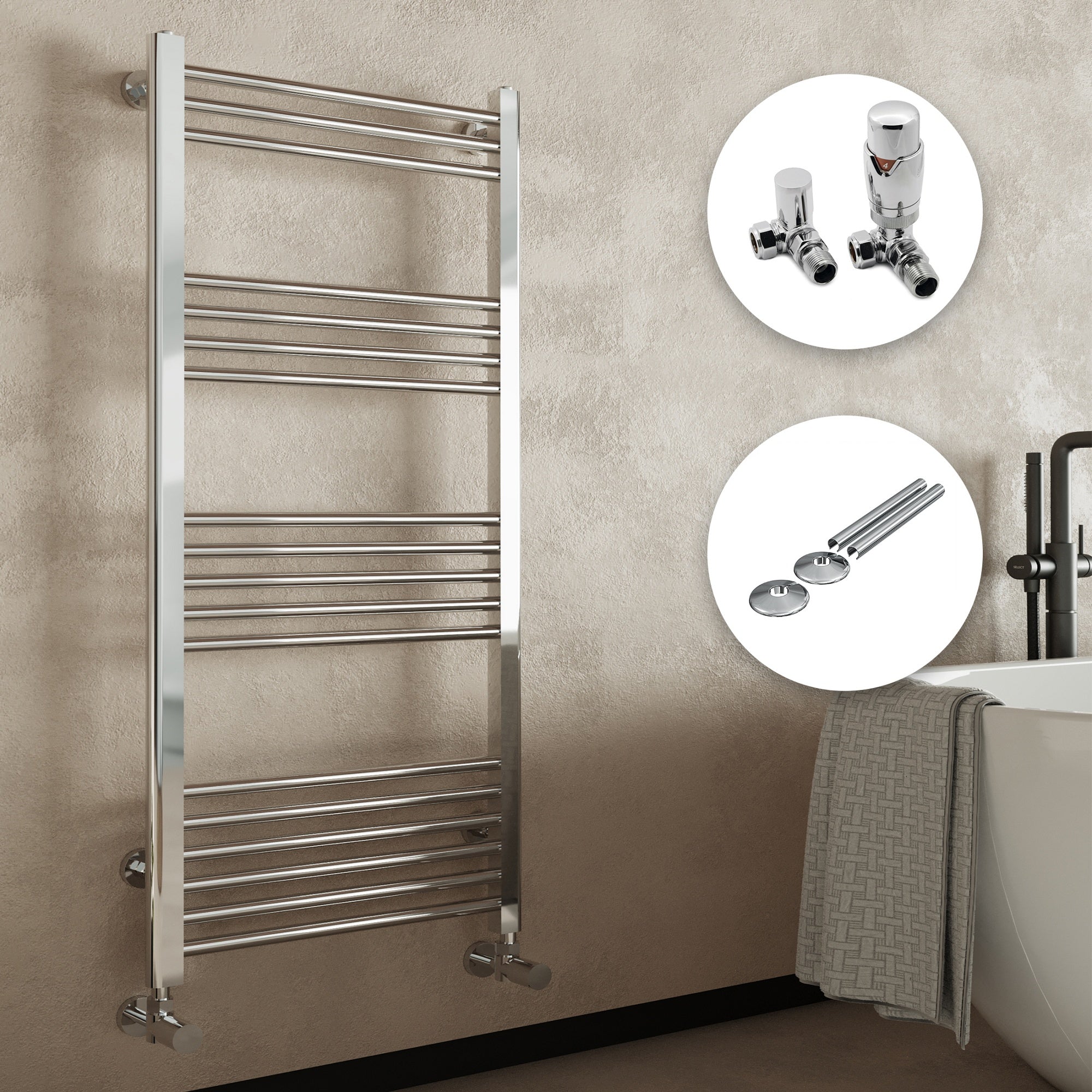 Chrome Straight Heated Towel Rail Radiator (600x1400mm) with Corner TRVs & Pipe Covers