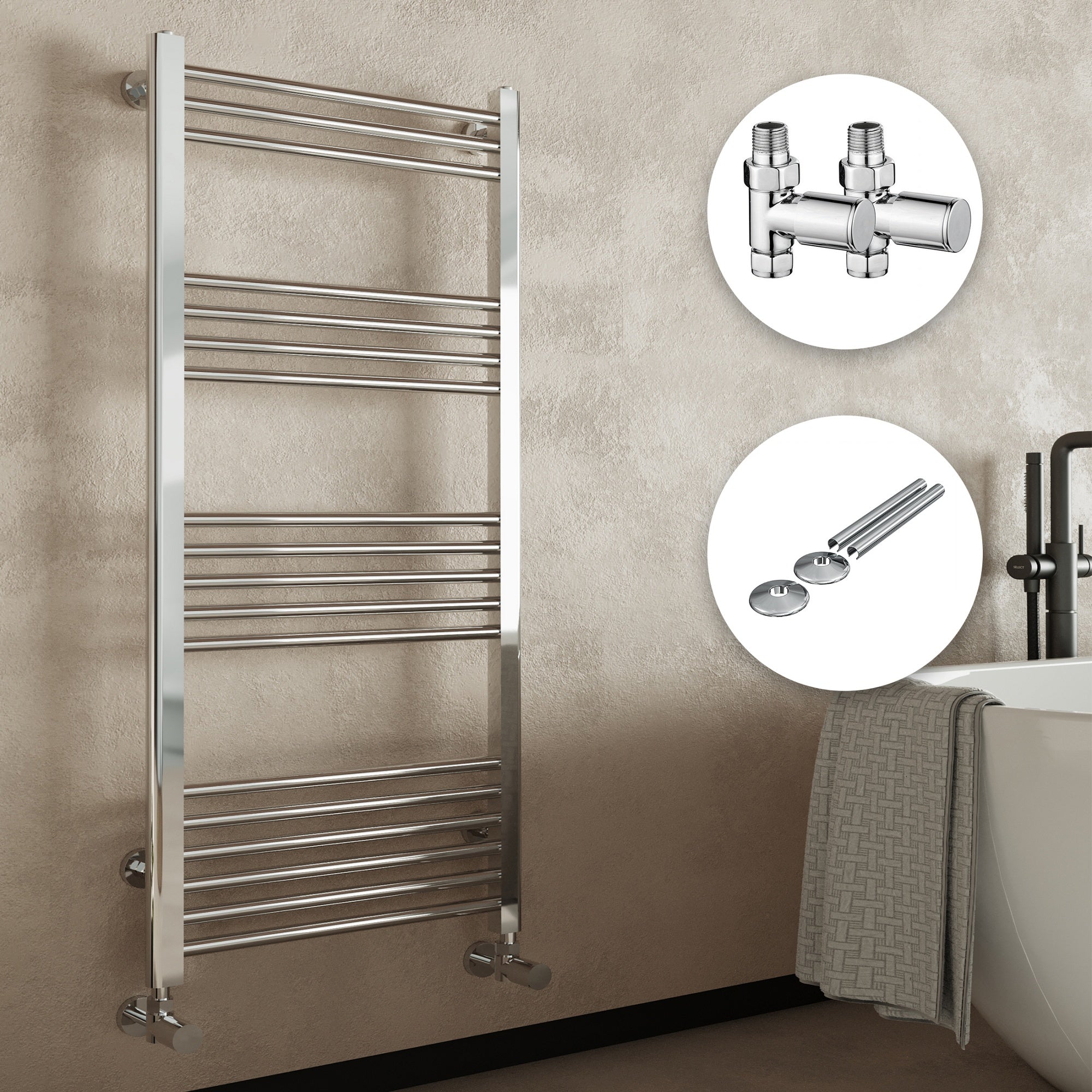 Chrome Bathroom Heated Towel Rail 1600x300mm Straight Ladder Design with Manual Valves & Pipe Covers