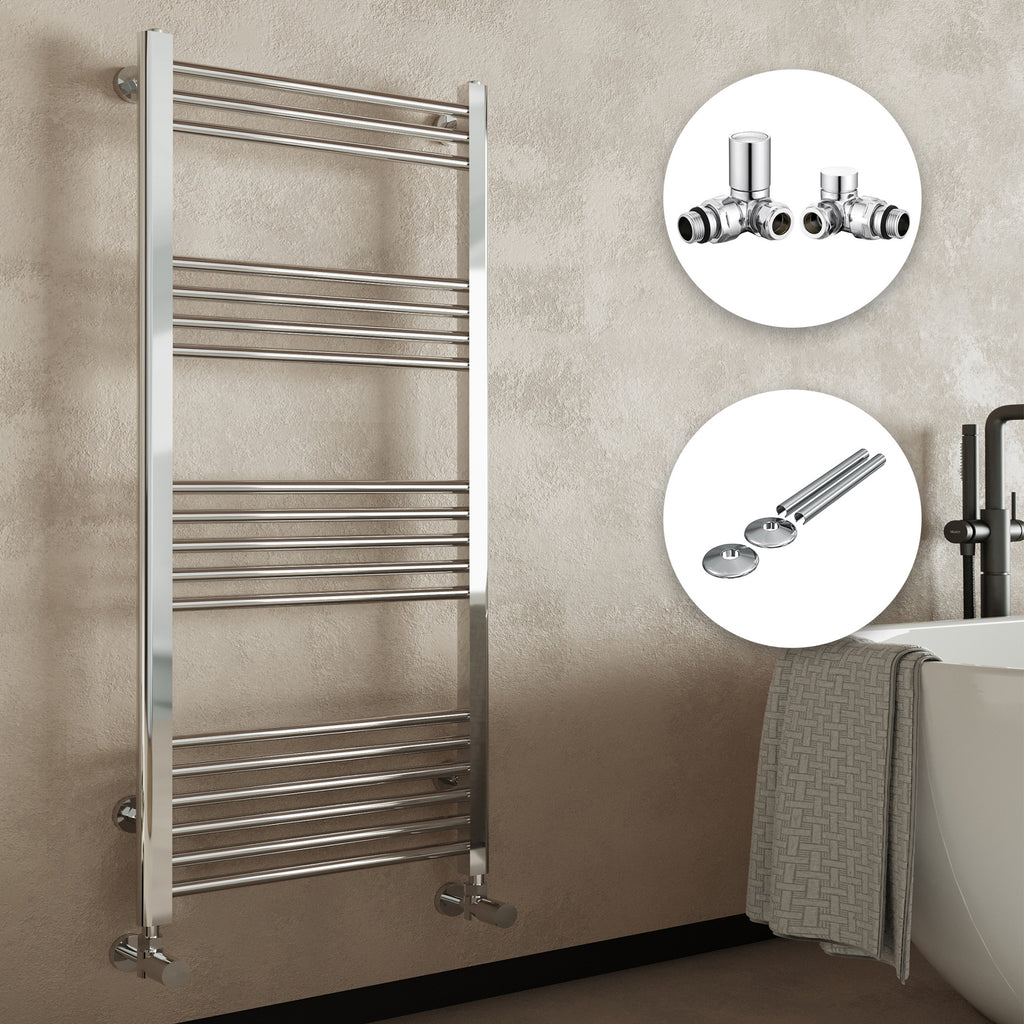 Chrome Straight Heated Towel Rail Radiator 300x800mm with Corner Manual Valves & Pipe Covers - Bathroom