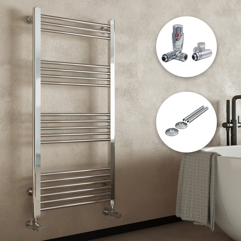 FNX Chrome Straight Heated Towel Rail Radiator 500x1000mm - Dual Fuel & Thermostatic Valves Set with Pipe Covers