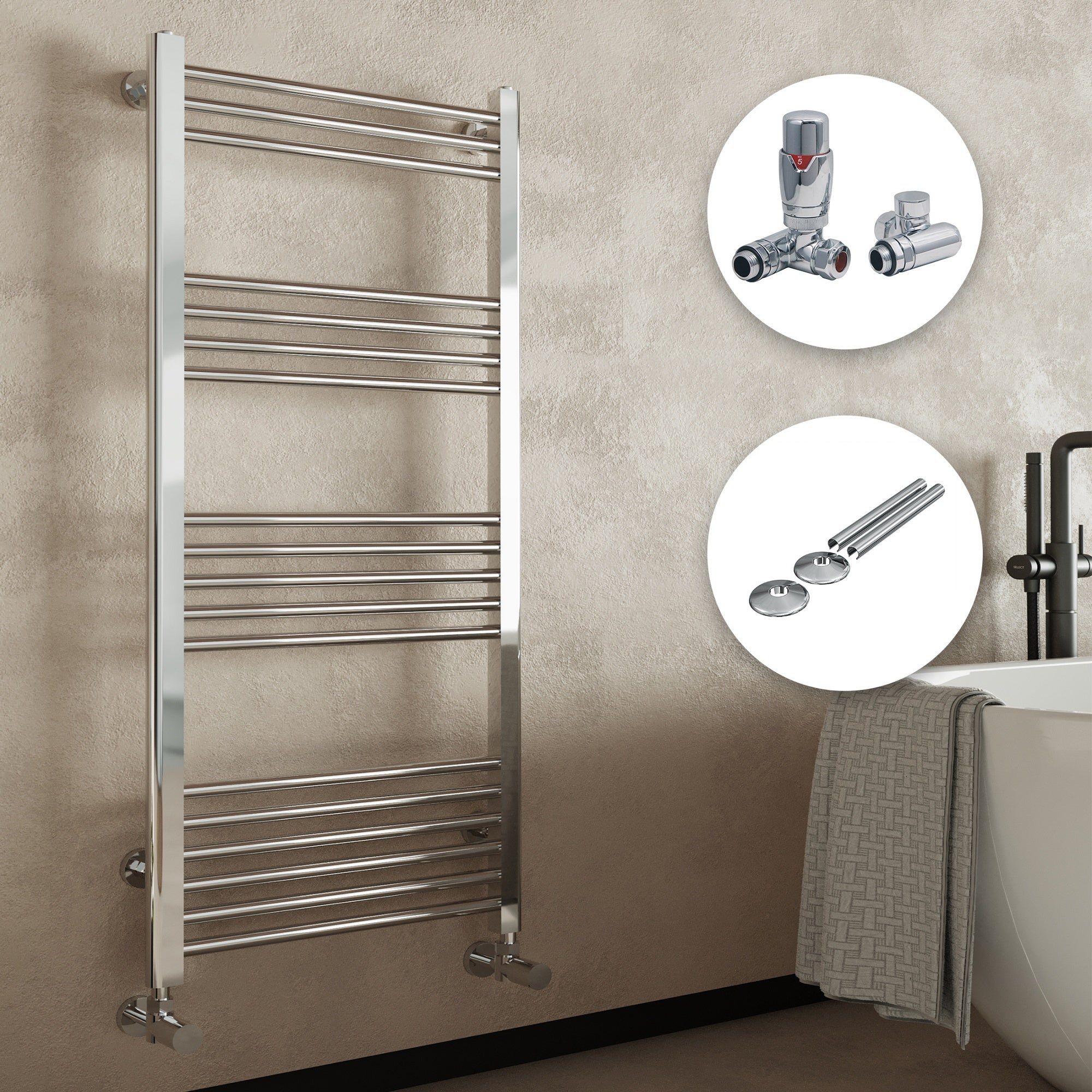 FNX Chrome Straight Heated Towel Rail Radiator 500x1000mm - Dual Fuel & Thermostatic Valves Set with Pipe Covers