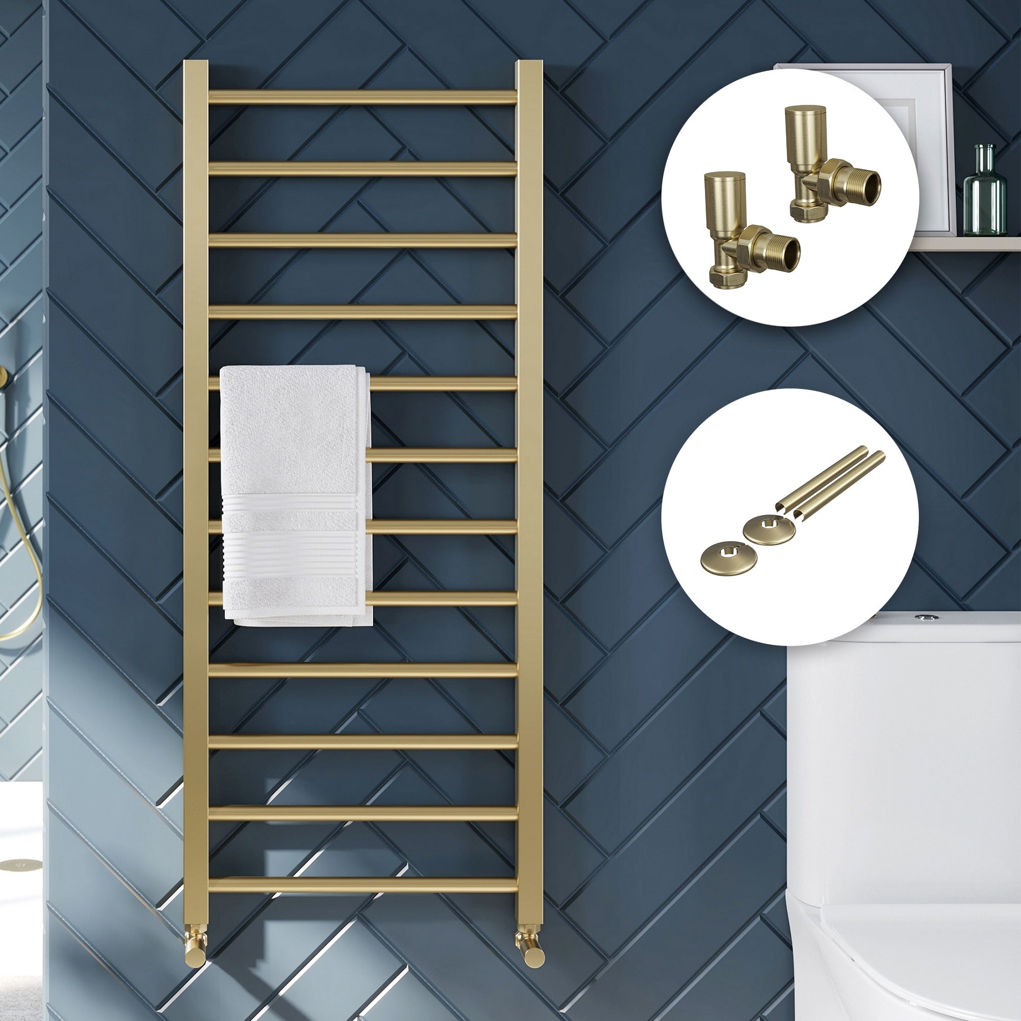 Brushed Brass Heated Towel Rail Radiator - 800x500mm Straight Ladder Design - Thermostatic Angled Valves & Pipe Covers