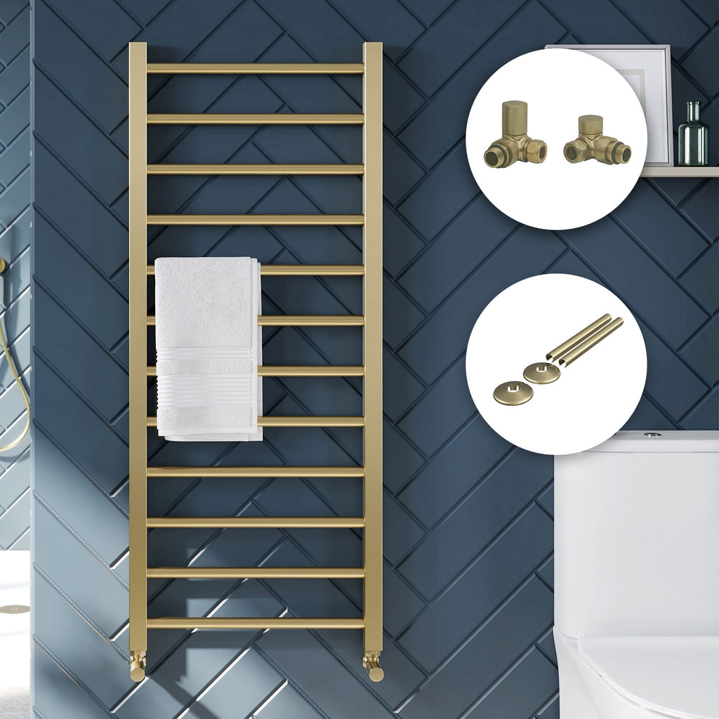 Brushed Brass Straight Heated Towel Rail Radiator 500x1600mm with Manual Corner Valves & Matching Pipe Covers